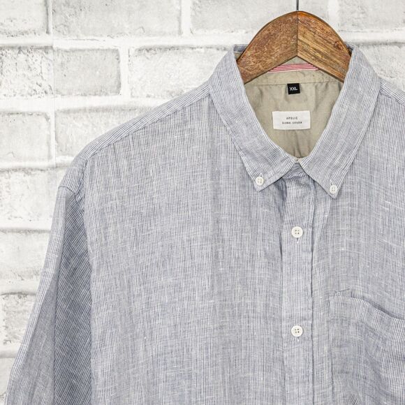 APOLIS Men's 2XL linen Short Sleeve Button Down Shirt blue stripe - Picture 5 of 6